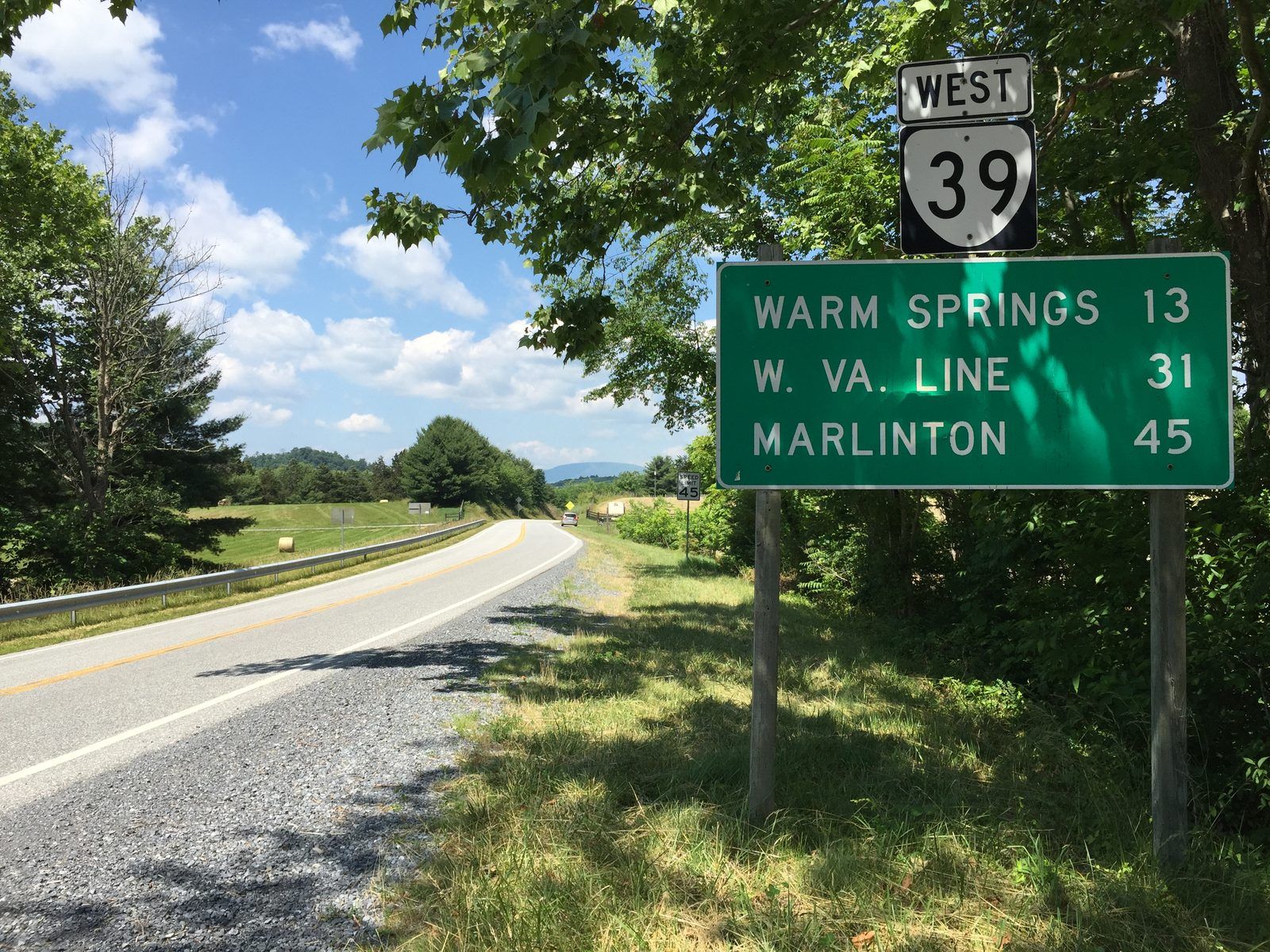 2017-06-11 11 25 05 View west along Virginia State Route 39 (Mountain Valley Road) at Virginia State Route 42 (Cowpasture River Highway) in Millboro Springs, Bath County, Virginia